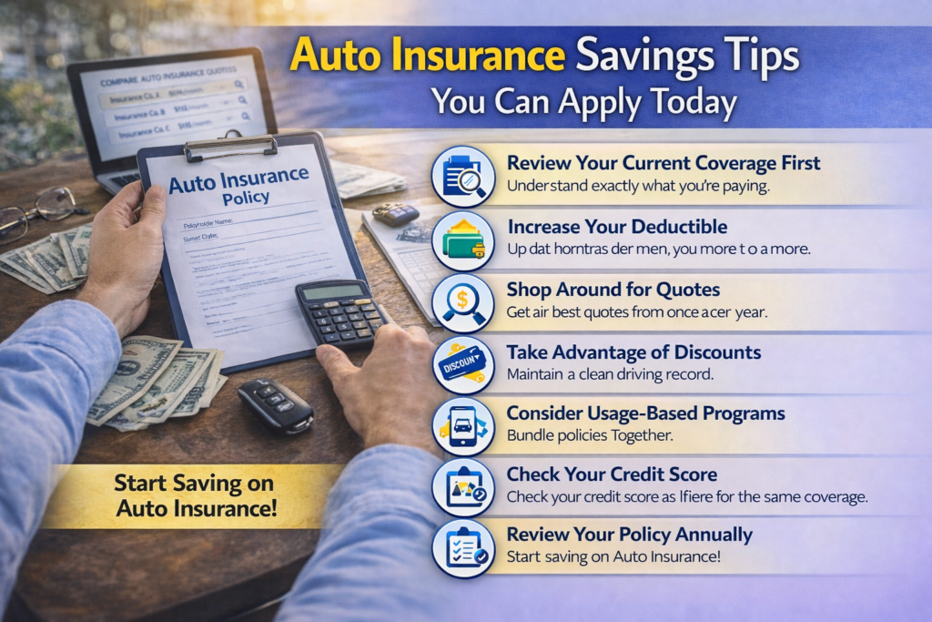 Auto Insurance Savings Tips You Can Apply Today Practical auto insurance savings tips you can use today. Learn how to lower your premiums, use discounts, adjust coverage, and avoid overpaying for car insurance.