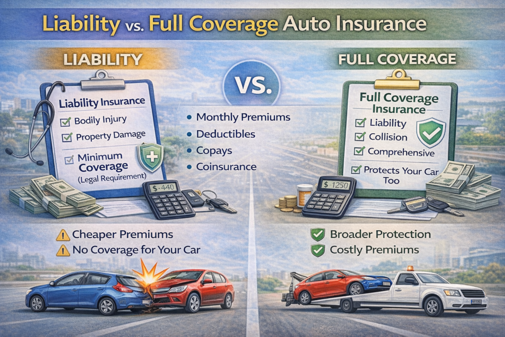 Liability vs Full Coverage Auto Insurance Compare liability vs full coverage auto insurance. Learn what each covers, costs, risks, and how to choose the right auto insurance based on your vehicle and financial situation.