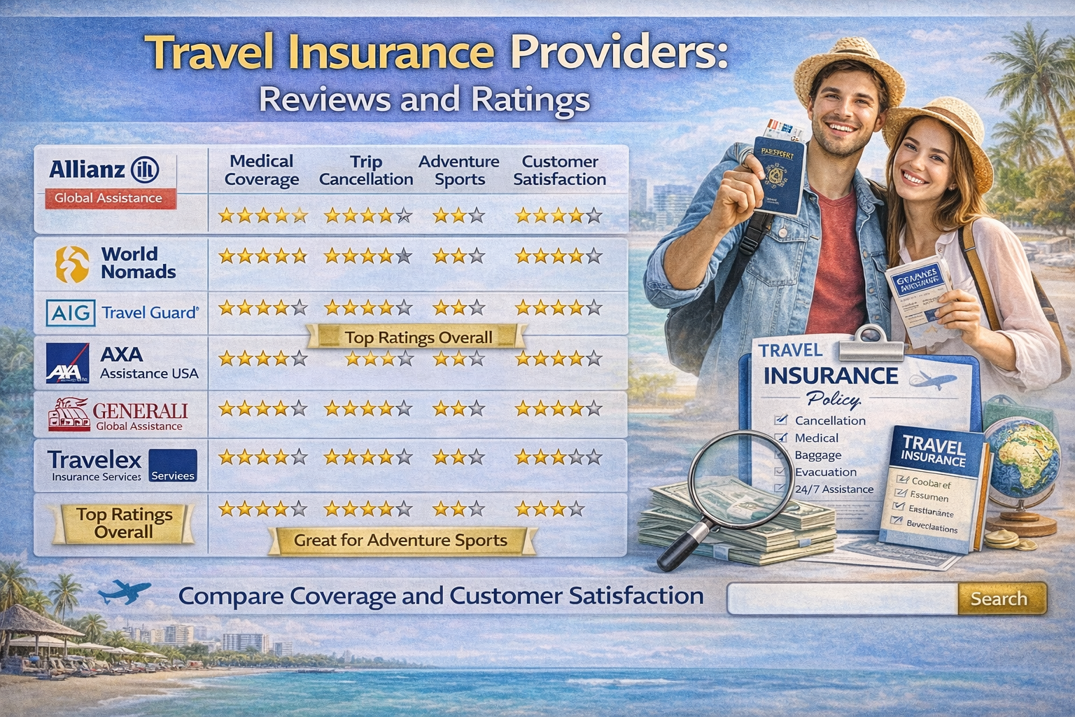 Travel Insurance Providers: Reviews and Ratings Comprehensive reviews and ratings of the best travel insurance providers. Compare coverage options, customer service, and value to find the right plan for your trip.