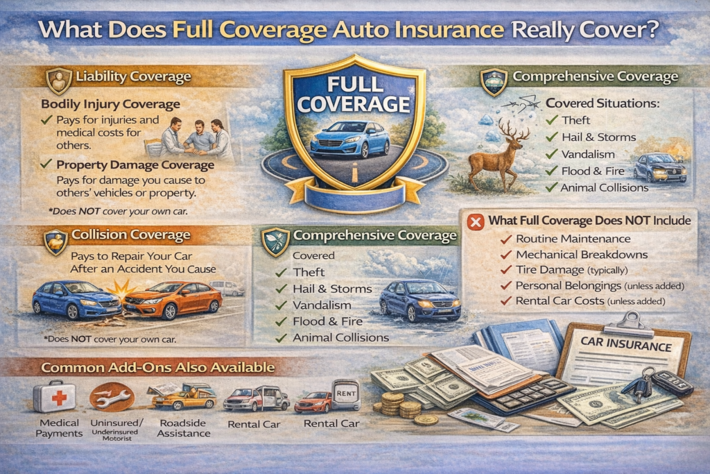 What Does Full Coverage Auto Insurance Really Cover? Learn what full coverage auto insurance actually includes and excludes. Understand liability, collision, comprehensive coverage, and how to decide if full coverage is right for you.