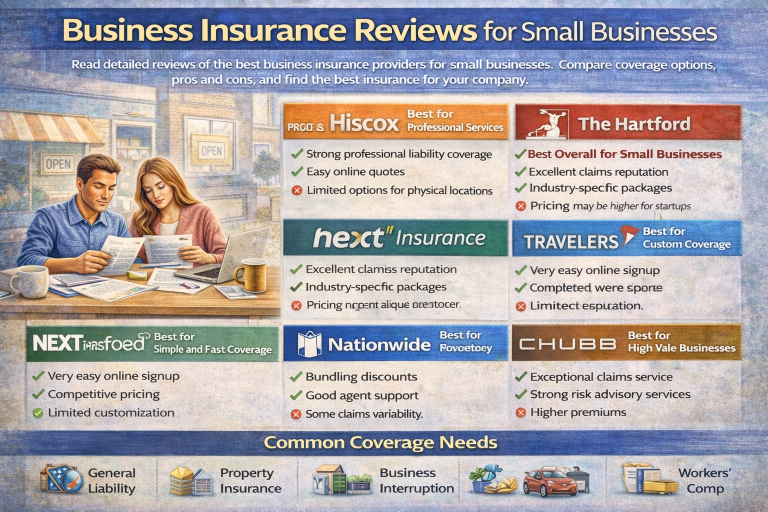 Business Insurance Reviews for Small Businesses Read detailed reviews of the best business insurance providers for small businesses. Compare coverage options, pros and cons, and find the best insurance for your company.